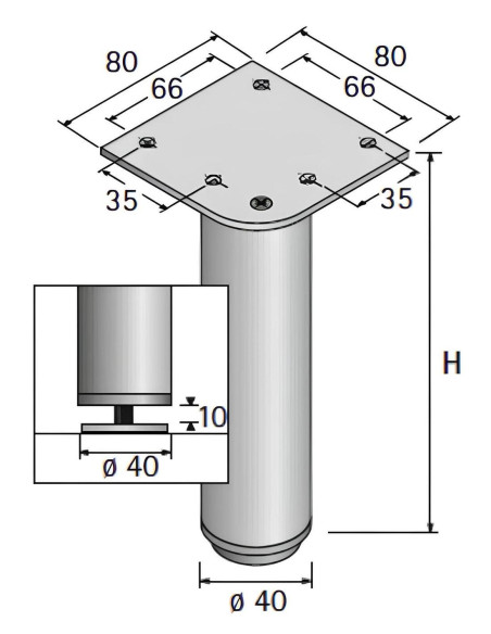 Pied Acier argent diam 40 hauteur 120