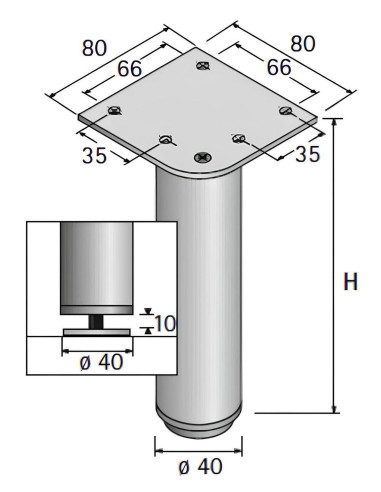 Pied Acier argent diam 40 hauteur 150